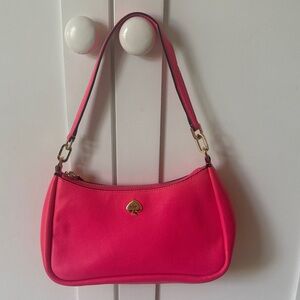 kate spade hot pink leather shoulder bag with gold-tone spade logo and long belt
